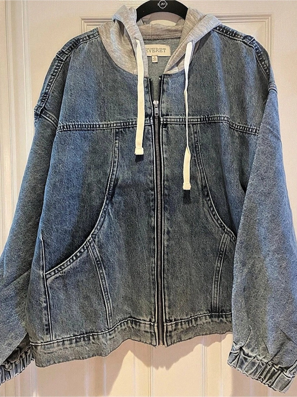 Veveret Hooded Zip Denim Jacket Light Wash Blue & Gray Small